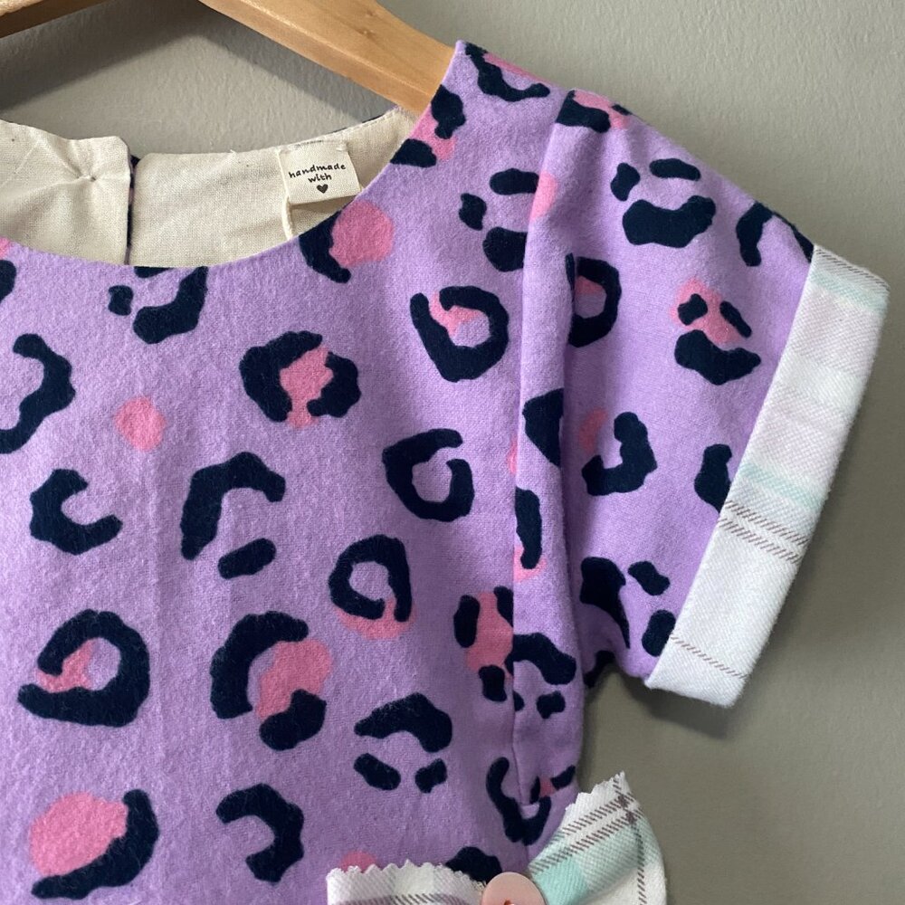 Handmade Children's 100% Cotton Flannelette Purple Pink Leopard Plaid Dress - Picture 5 of 14